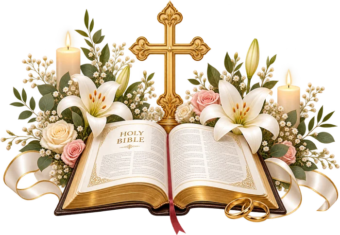 Open Bible with a cross, lilies and candles